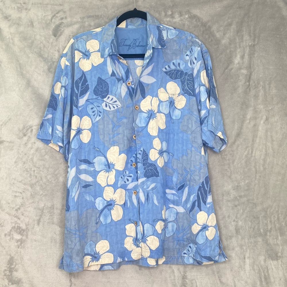 Tommy Bahama 100% Silk Short Sleeve Hawaiian Blue Hibiscus Shirt Sz L